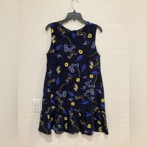 HALOGEN SLEEVELESS RUFFLE HEM DRESS WITH BLACK, NAVY AND YELLOW FLORAL PATTERN